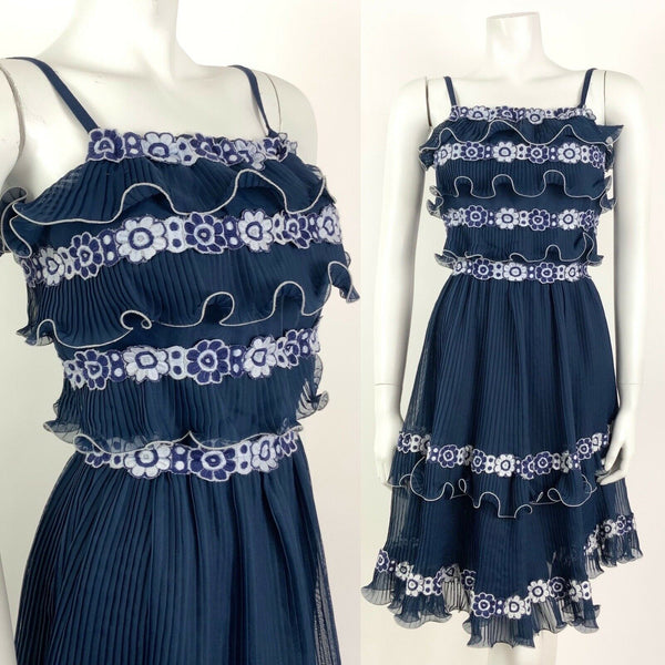 VINTAGE 60s 70s NAVY BLUE WHITE FLORAL PLEATED STRAPPY SUMMER RUFFLE DRESS 4