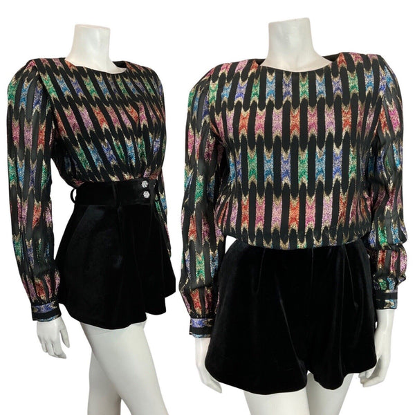 VINTAGE 70s 80s BLACK GREEN SILVER STRIPED DISCO PARTY SHEER BLOUSE TOP 10