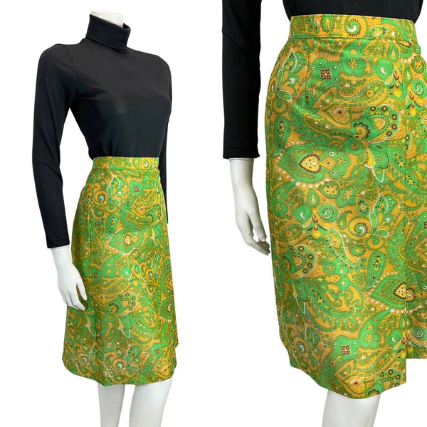VINTAGE YELLOW GREEN PAISLEY PRINT PSYCHEDELIC KNEE LENGTH 60s 70s SKIRT 14