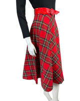 VINTAGE 60s 70s RED GREEN TARTAN CHECKED PVC BELTED MIDI SWING SKIRT 4