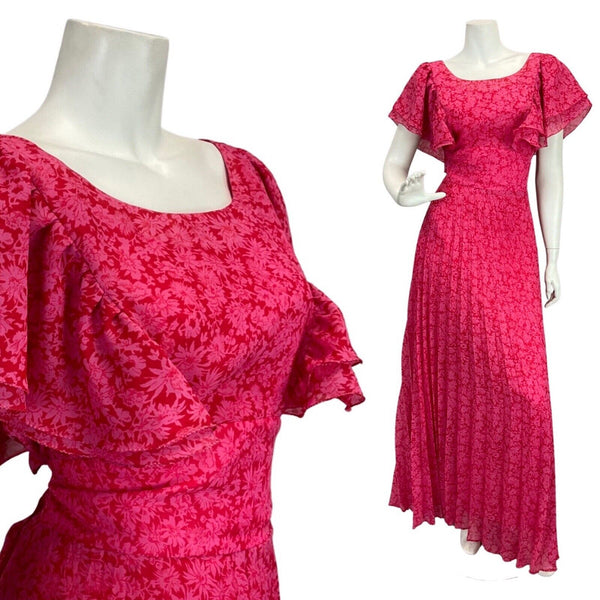 VINTAGE 60s 70s HOT PINK RED FLORAL PSYCHEDELIC BOHO PLEATED MAXI DRESS 12 14