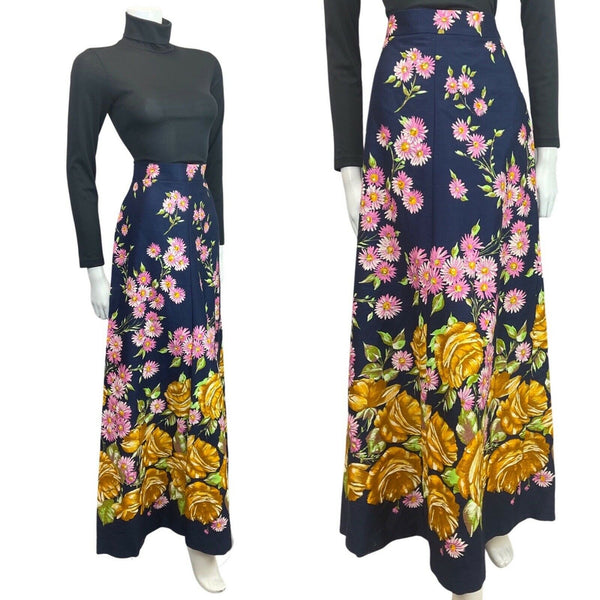 VINTAGE 60s 70s BLUE YELLOW PINK DAISY ROSE FLORAL MOD BOHO MAXI SKIRT 10