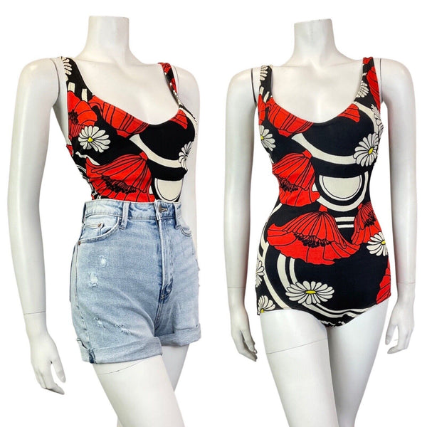 VINTAGE 60s 70s BLACK WHITE RED FLORAL DAISY POPPY MOD LOW-RISE SWIMSUIT 10 12