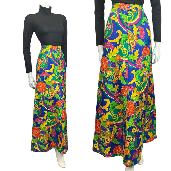 VINTAGE 60s 70s BLUE GREEN YELLOW PSYCHEDELIC FLORAL SWIRL MOD MAXI SKIRT 10