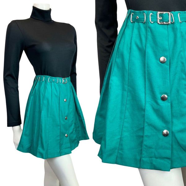 VINTAGE 60s 70s TEAL GREEN SILVER BELTED PLEATED MOD MINI SKIRT 4