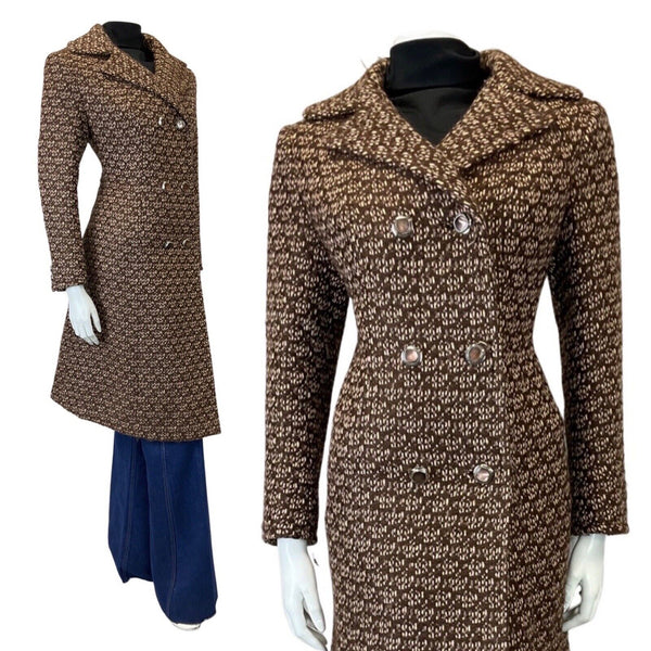 VINTAGE 60s 70s BROWN PINK SILVER KNITTED MOD WOOL COAT 14 16