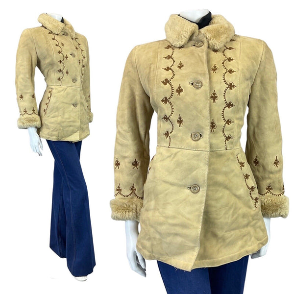 VINTAGE 60s 70s CREAM BROWN EMBROIDERED BOHO SUEDE SHORT SHEARLING COAT 8 10