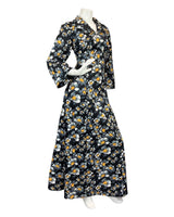 VINTAGE 60s 70s BLACK GREY YELLOW FLORAL PSYCHEDELIC MOD SHIRT MAXI DRESS 12