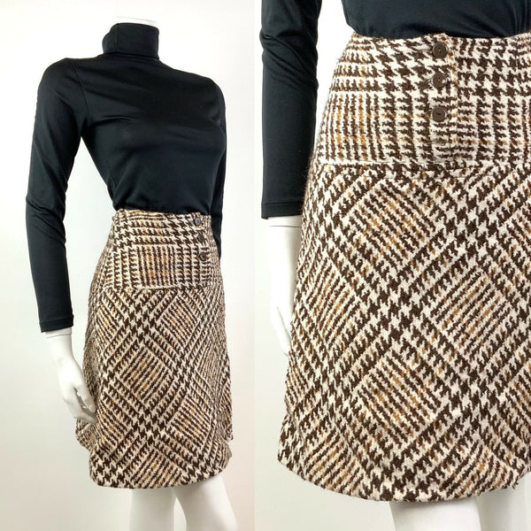 VINTAGE 60s 70s BROWN WHITE GOLD GEN CHECKED PLAID WOOL MOD SHORT SKIRT 4 6