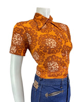 VINTAGE 60s 70s ORANGE CREAM PSYCHEDELIC FLORAL MOD FITTED BLOUSE SHIRT 10 12
