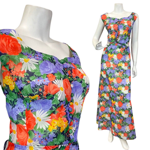 VINTAGE 60s 70s PURPLE GREEN RED ROSE DAISY FLORAL SLEEVELESS MAXI DRESS 16