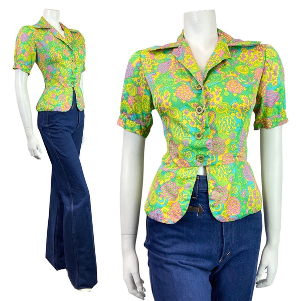 VINTAGE 60s 70s GREEN PINK YELLOW PSYCHEDELIC FLORAL PEPLUM BLOUSE 10 12