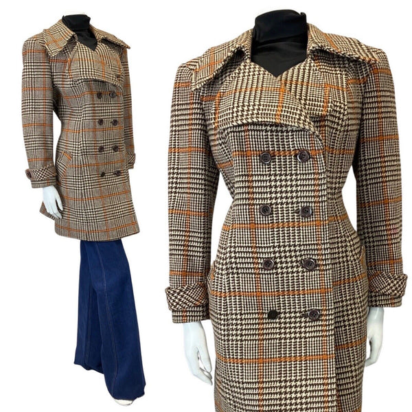 VINTAGE 60s 70s BROWN CREAM ORANGE GLEN CHECKED DOUBLE-BREASTED WOOL COAT 16 18