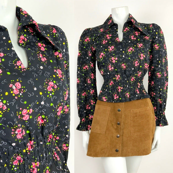 VINTAGE 60s 70s BLACK PINK GREEN FLORAL DITSY WING COLLAR RUCHED BLOUSE TOP 8 10