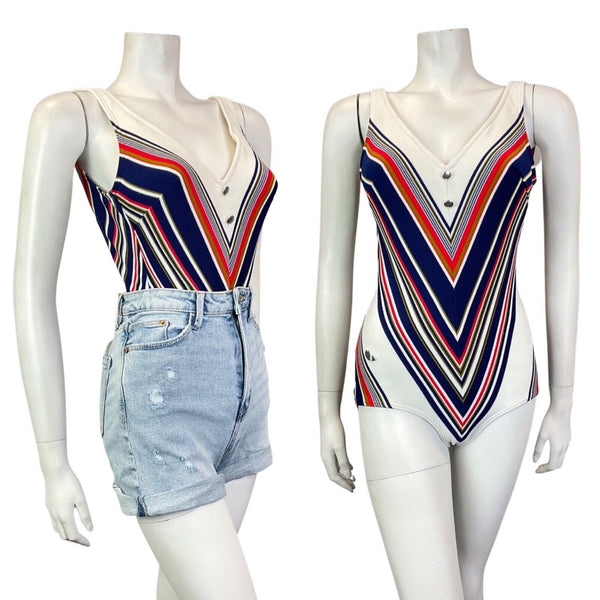 VINTAGE 60s 70s WHITE BLUE RED STRIPED MOD LOW-RISE SWIMSUIT BODYSUIT 8 10