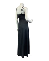VINTAGE 70s JET BLACK RUCHED STRAPPY GLAM GOWN MAXI DRESS 6 8