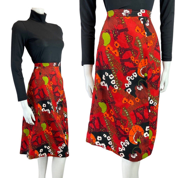 VINTAGE 60s 70s RED BLACK GREEN PSYCHEDELIC FLORAL MOD MIDI SKIRT 12 14