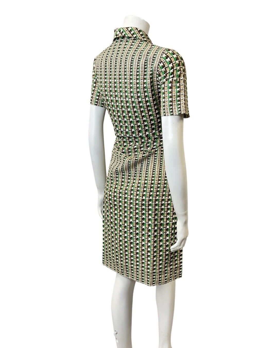 VINTAGE 60s 70s GREEN BROWN WHITE GEOMETRIC OP-ART MOD SHIRT DRESS 8 10