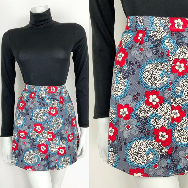VINTAGE 60s 70s NAVY BLUE WHITE RED PSYCHEDELIC FLORAL MINI SKIRT 10