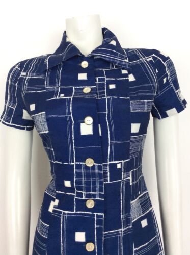 VINTAGE 60s 70s NAVY BLUE SHIRT DRESS GEOMETRIC WHITE SQUARES 8 10