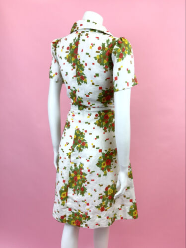 VTG 60s 70s WHITE RED GREEN YELLOLW GEOMETRIC FLORAL MOD DAGGER SHIRT DRESS 14