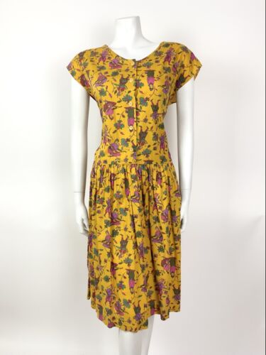 VTG 60s 70s YELLOW PINK GREEN FLORAL FIGURE ETHNIC PSYCH SUMMER DRESS 16 18