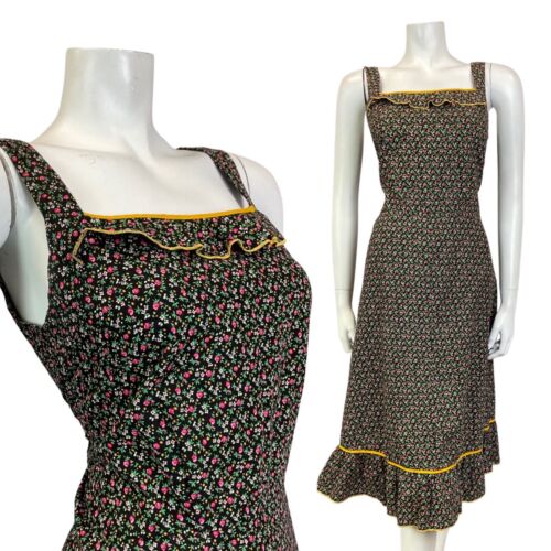 VINTAGE 70s BLACK WHITE PINK DITSY FLOWER PRAIRIE BOHO SUMMER SUN-DRESS 10