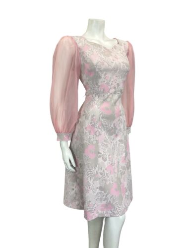 VTG 60S PINK GREY SILVER  FLORAL SWEETHEART MESH SLEEVE PARTY MINI DRESS 12