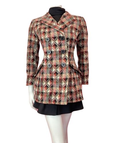 VTG 70s STYLE RED WHITE BROWN GEOMETRIC CHECKED MOD DOUBLE-BREASTED JACKET 10