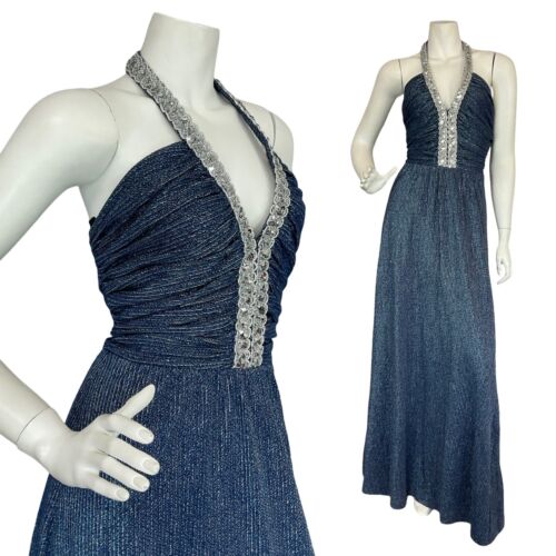 VTG 70S STUDIO 54  BLUE SILVER SEQUIN TRIM STRIPED HALTER NECK MAXI DRESS 8 10 S