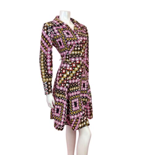 VTG 60s 70s BLACK PINK BROWN WHITE GEOMETRIC PSYCHEDELIC MOD SHIRT DRESS 12 14