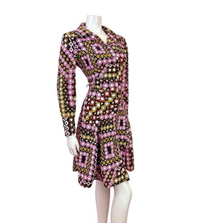 VTG 60s 70s BLACK PINK BROWN WHITE GEOMETRIC PSYCHEDELIC MOD SHIRT DRESS 12 14