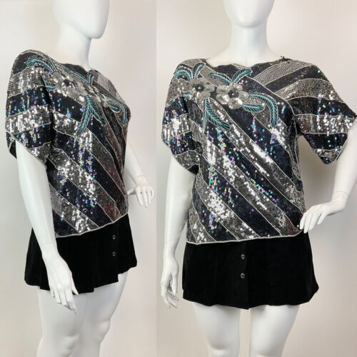 VTG 70s 80s BLACK SILVER BLUE STRIPED FLORAL SEQUIN DISCO GLAM BLOUSE TOP 18 20