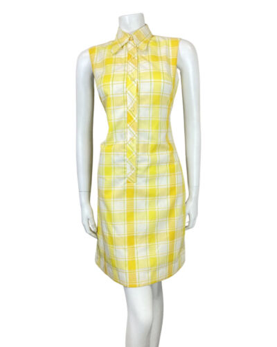 VTG 60s 70s YELLOW WHITE CHECKED EMBROIDERED MOD DOG-EAR COLLAR SHIRT DRESS 10