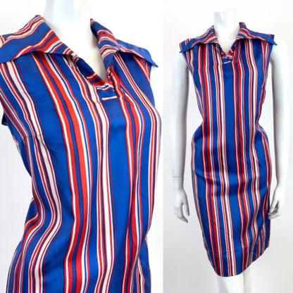 VTG 60s 70s ROYAL BLUE RED WHITE STRIPED WING COLLAR MOD SHIRT SHIFT DRESS 12 14