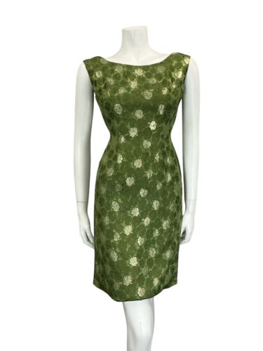 VTG 60S GREEN GOLD BROCADE BOAT NECK SLEEVELESS PARTY WIGGLE MIDI DRESS 8 10