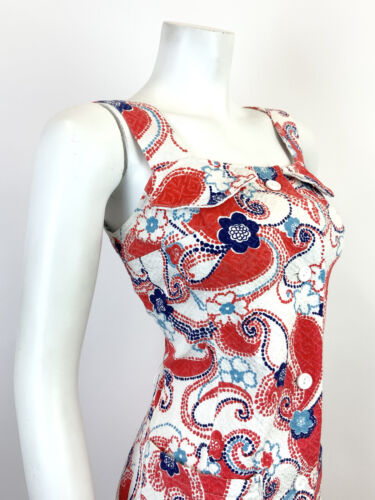 VTG 60s 70s WHITE RED BLUE FLORAL DOTTY PAISLEY PSYCHEDELIC MOD SUNDRESS 8 10