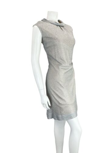 VTG 60S MOD PARTY SILVER LUREX FUNNEL NECK SLEEVELESS SHIFT DRESS 12 14