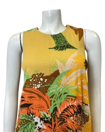 VINTAGE 70s YELLOW ORANGE GREEN PALM LEAF TROPICAL SLEEVELESS FLARED DRESS 8 10