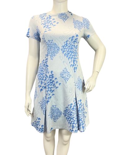 VINTAGE 60s 70s BABY BLUE NAVY ABSTRACT GEOMETRIC MOD SHORT SLEEVE DRESS 16