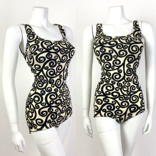 VTG 60s CREAM BLACK SWIRLING SCROLL MOD SWIM BODY BATHING SUIT 12 14