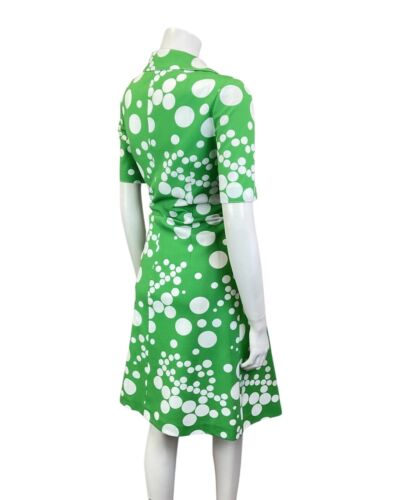 VINTAGE 60s 70s APPLE GREEN WHITE SPOTTED DOTTY MOD WING COLLAR SHIRT DRESS 12