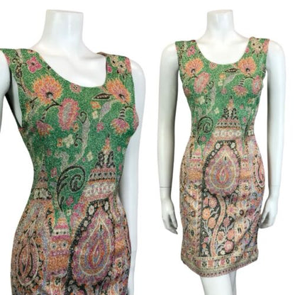 VTG 60S PSYCHEDELIC GOGO GREEN PINK ORANGE LUREX GLITTERY PARTY SHIFT DRESS 4