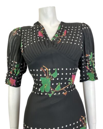 VINTAGE 60s 70s BLACK WHITE PINK FLORAL POLKA-DOT SHEER SUMMER DRESS 12