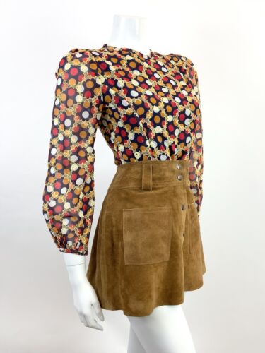 VTG 60s 70s BLUE GOLD RED ORANGE POLKA-DOT FLORAL EMBROIDERED SHEER BLOUSE 6 8