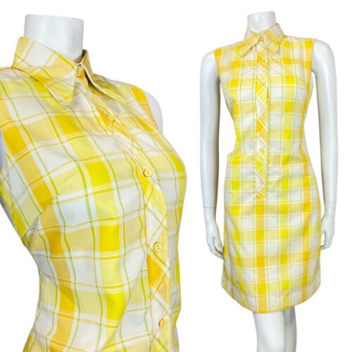 VTG 60s 70s YELLOW WHITE CHECKED EMBROIDERED MOD DOG-EAR COLLAR SHIRT DRESS 10