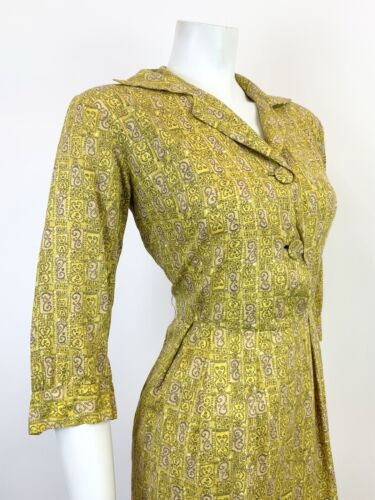 VTG 60s 70s YELLOW BEIGE BLACK SWIRLING GEOMETRIC PSYCHEDELIC SHIRT DRESS 12 14