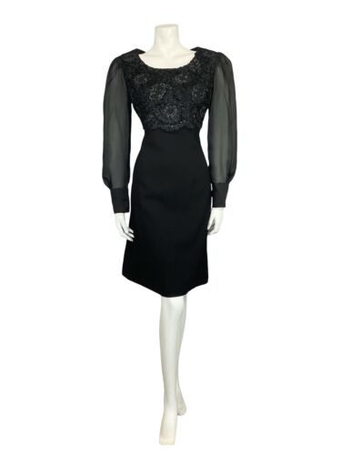 VTG 60S BLACK WOOL MESH BISHOP SLEEVE EMPIRE RIBBON LACE PARTY MINI DRESS 10 12