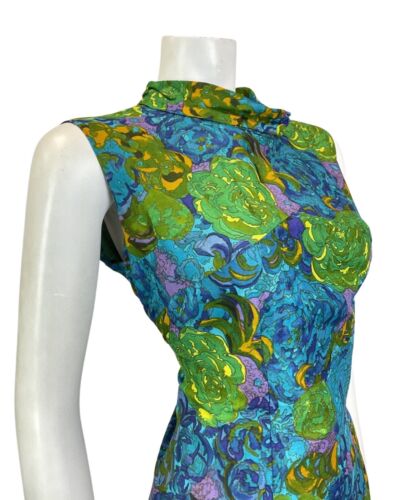VINTAGE 60s 70s BLUE GREEN YELLOW FLORAL ROSE PSYCHEDELIC SLEEVELESS DRESS 14 16