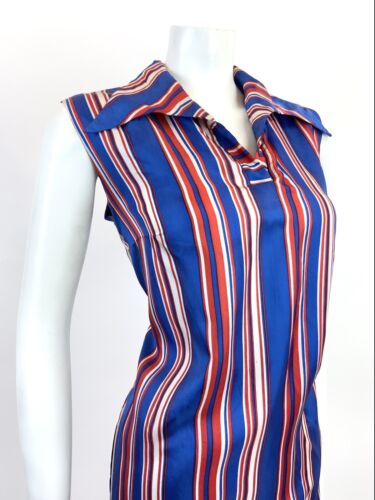 VTG 60s 70s ROYAL BLUE RED WHITE STRIPED WING COLLAR MOD SHIRT SHIFT DRESS 12 14